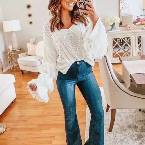 BOHEMIAN FRINGE WHITE CREAM KNIT SWEATER - Picture 3 of 8